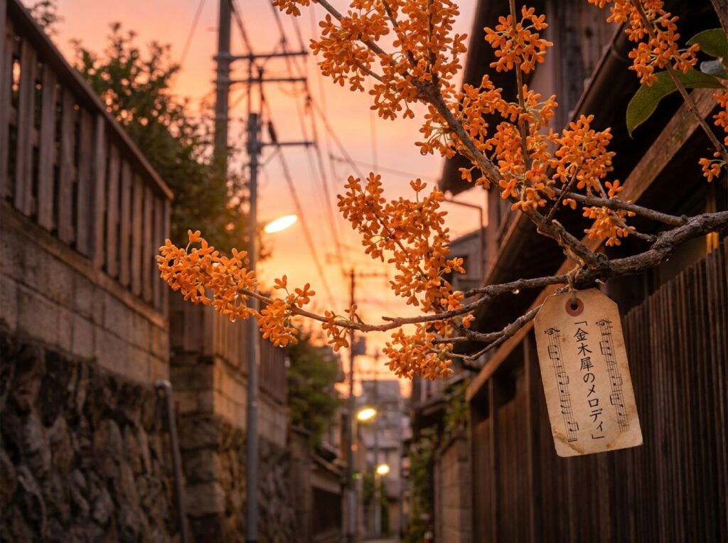 夕暮れの路地で咲く金木犀の花のクローズアップ