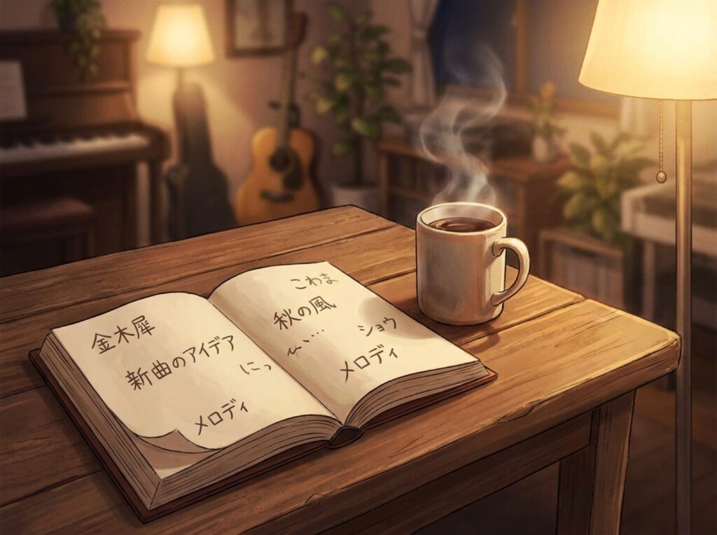 ノートとマグカップが置かれた、曲作りの途中の机の情景