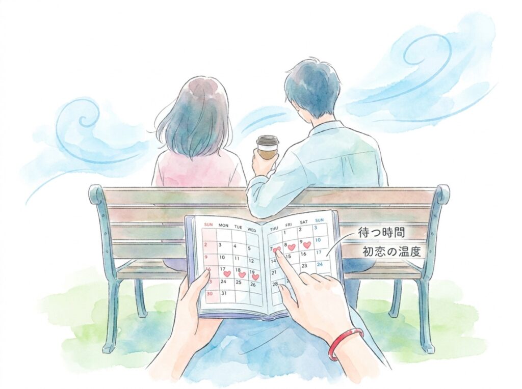 公園のベンチで会える日を指折り数えて待つ、初恋のわくわくした時間を表した挿絵