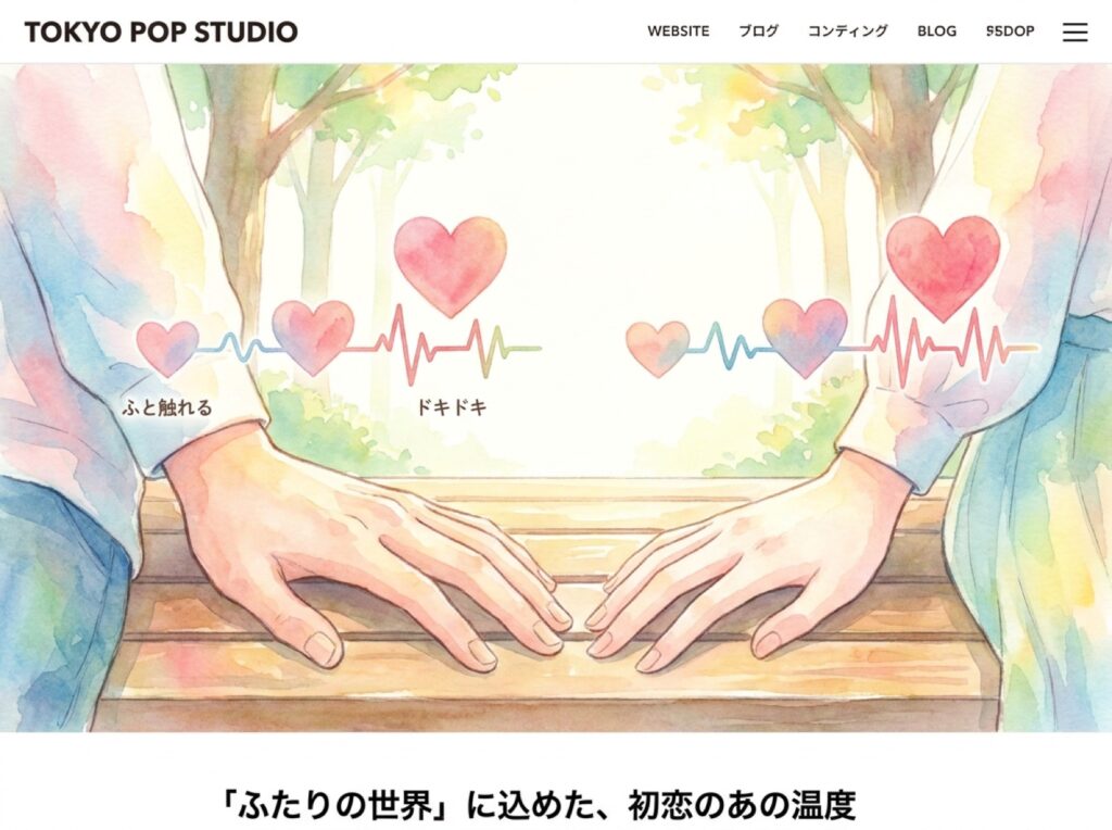 手と手が触れる瞬間に鼓動が高まっていく様子を表した図解イラスト