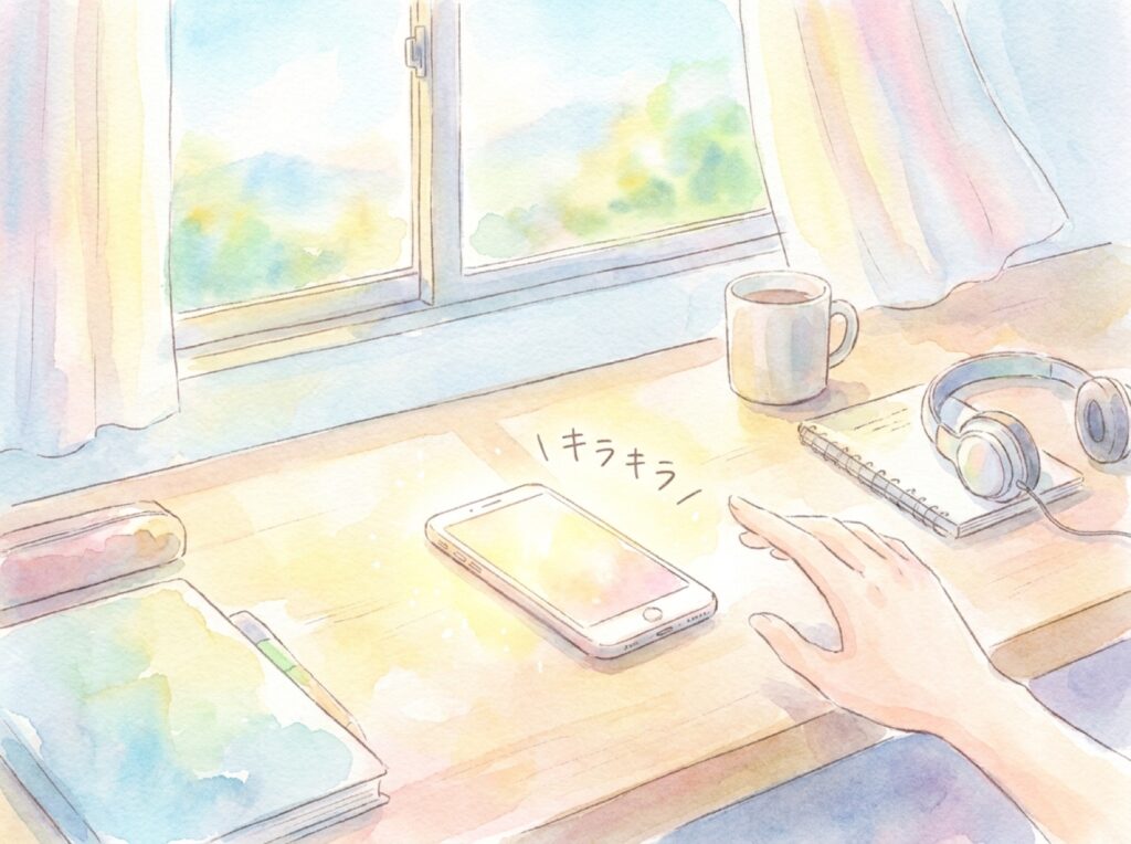 メッセージの通知で世界がキラキラして見える、恋する朝の情景イラスト