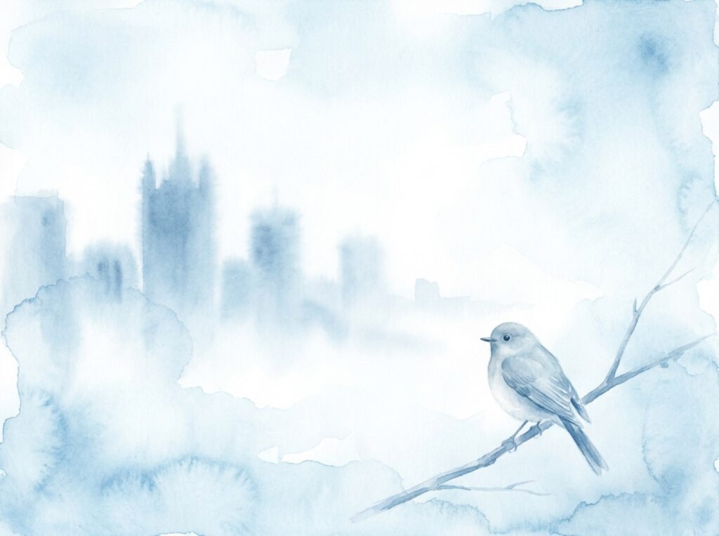 霧の向こうに建物の影が見える風景。曲の形がぼんやり見える感覚を表した絵