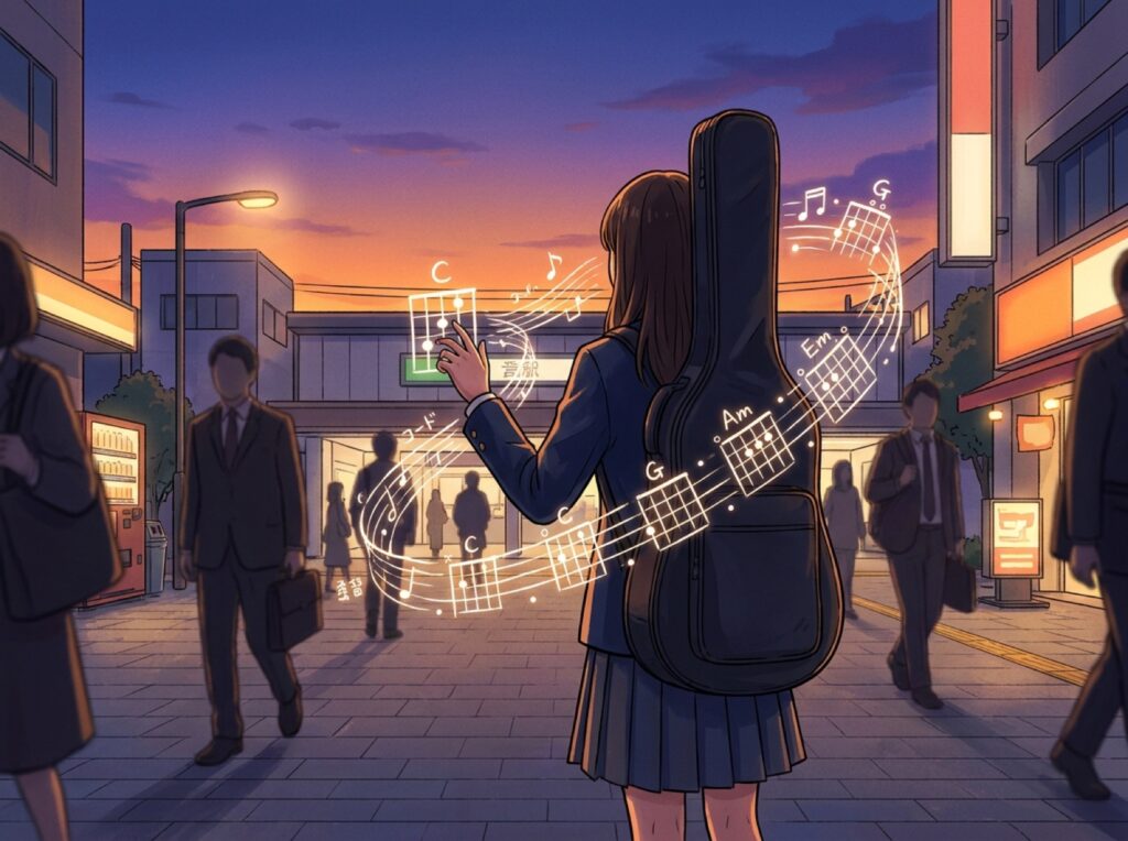 夕暮れの駅前の通りに立つ、ギターを背負った少女の後ろ姿